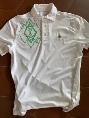 Masters White Polo with Green Geometric Accent